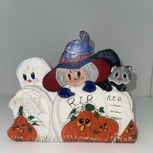 Vintage Handmade Painted Wood Halloween Pumpkins Cat Witch Ghost Decor